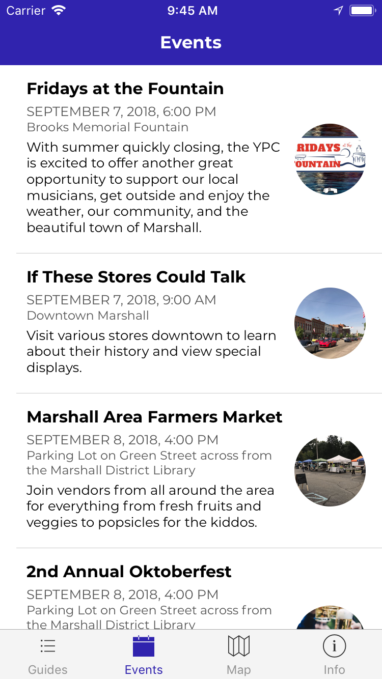 Historic Marshall App Events Screen