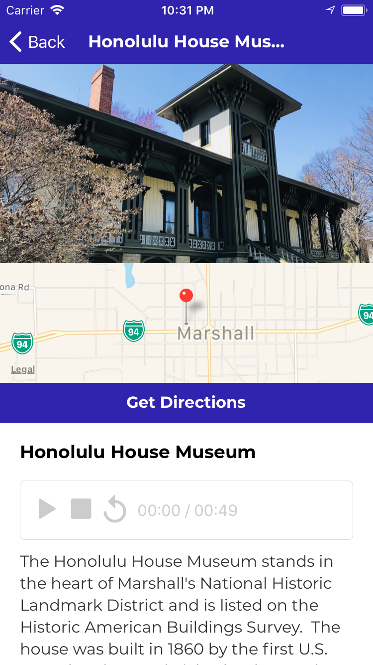 Historic Marshall App Info Screen